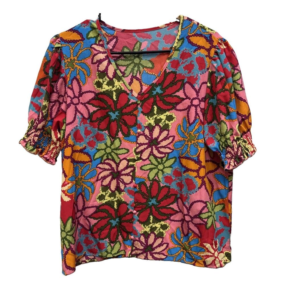 Women Floral Short Ruffle Sleeve Top Multicolor Tropical XL Popover V Neck Color